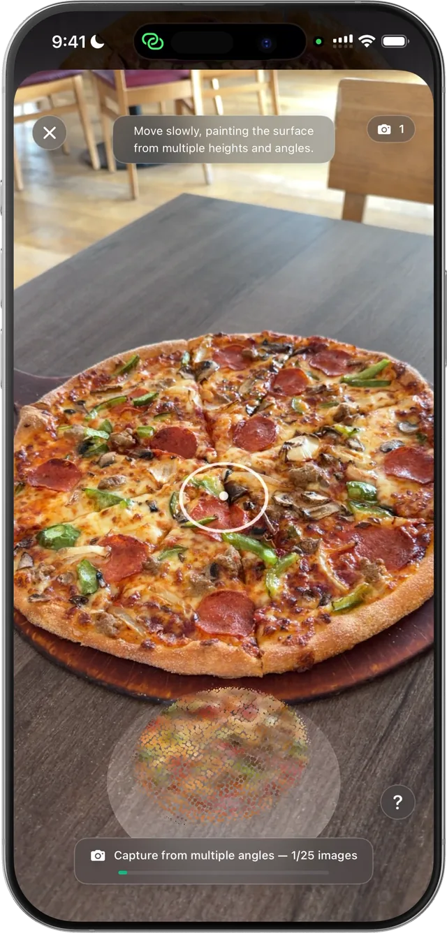 The TruePlate app capturing a pizza in 3D on a table
