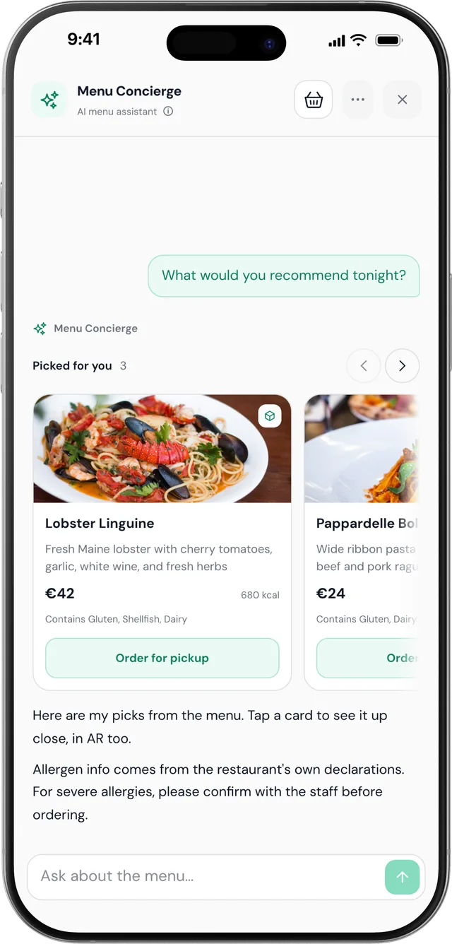 The AI menu answering a guest, with a note that allergen information comes from the restaurant and severe allergies should be confirmed with staff
