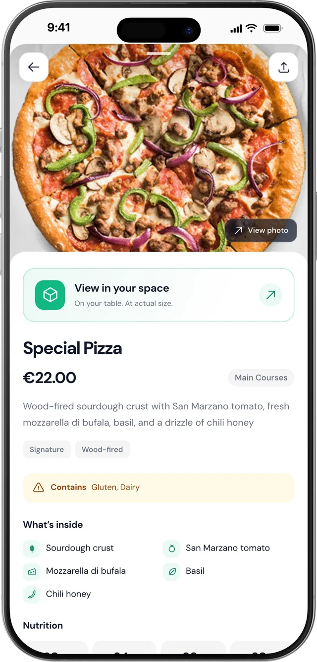 A dish page on a phone, with its photo, price, allergens and a View in your space button