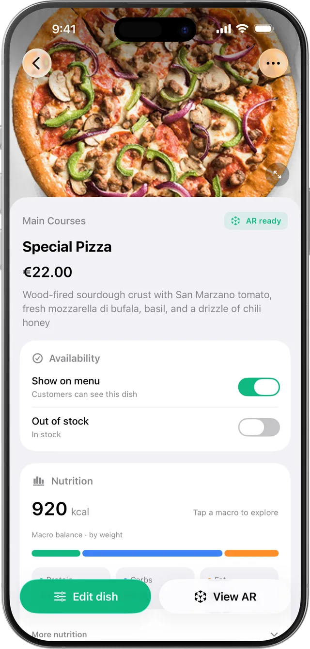 A dish in the TruePlate app marked AR ready, with its nutrition