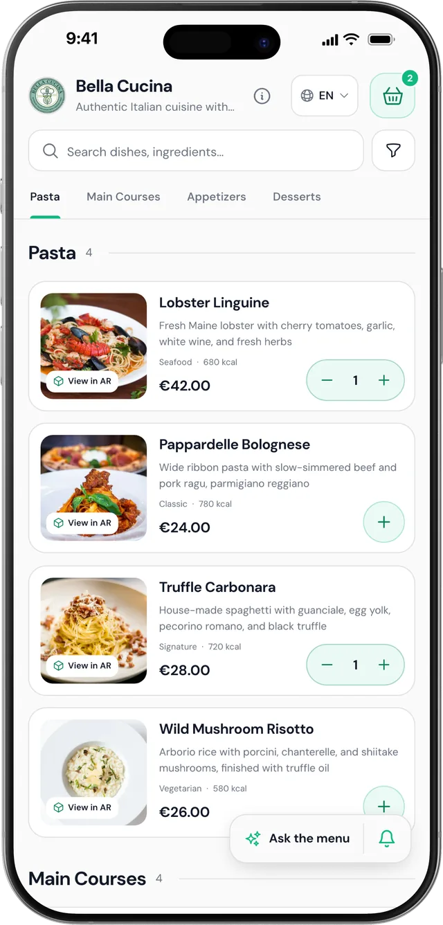 A phone showing the table's menu with two dishes in the basket