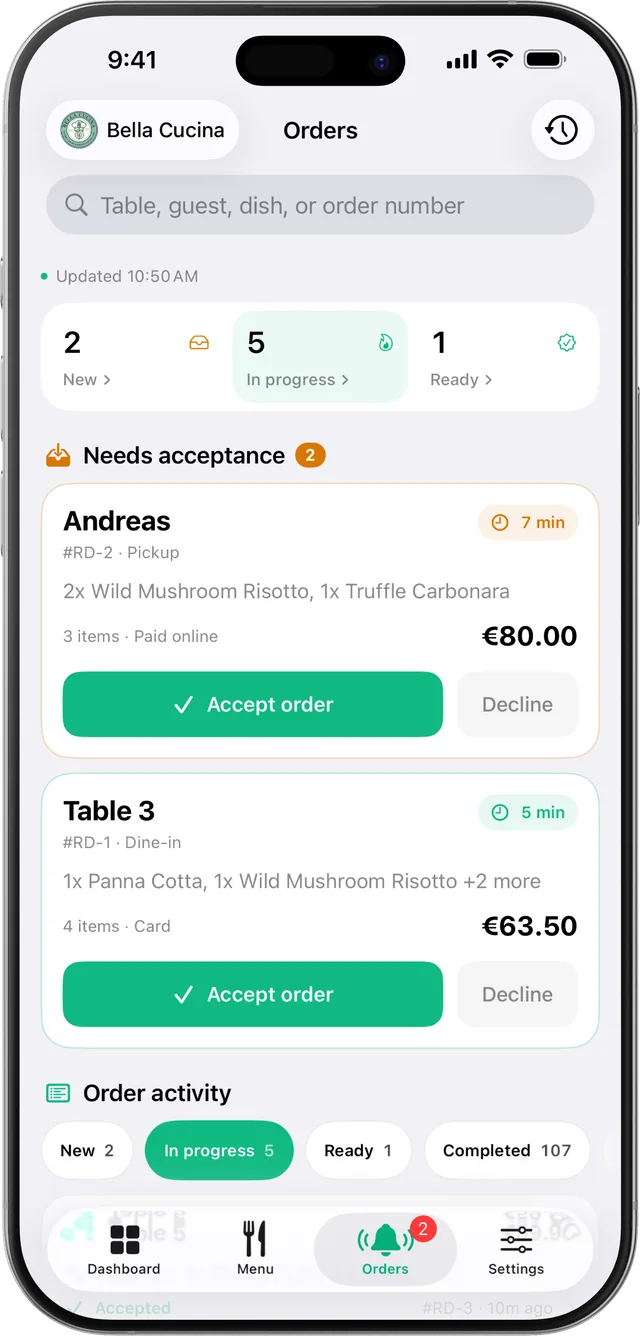 New table orders waiting in the TruePlate app