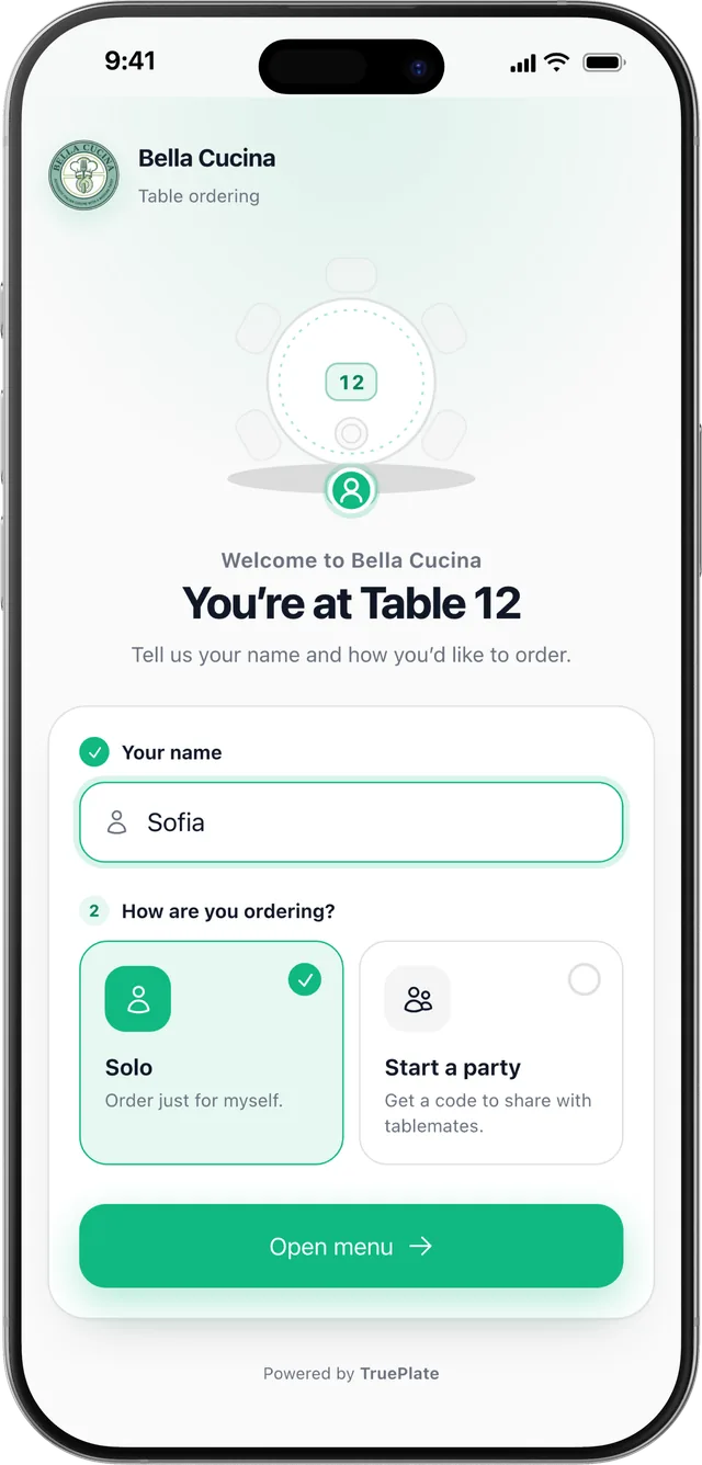 A guest joining Table 12 from the QR code
